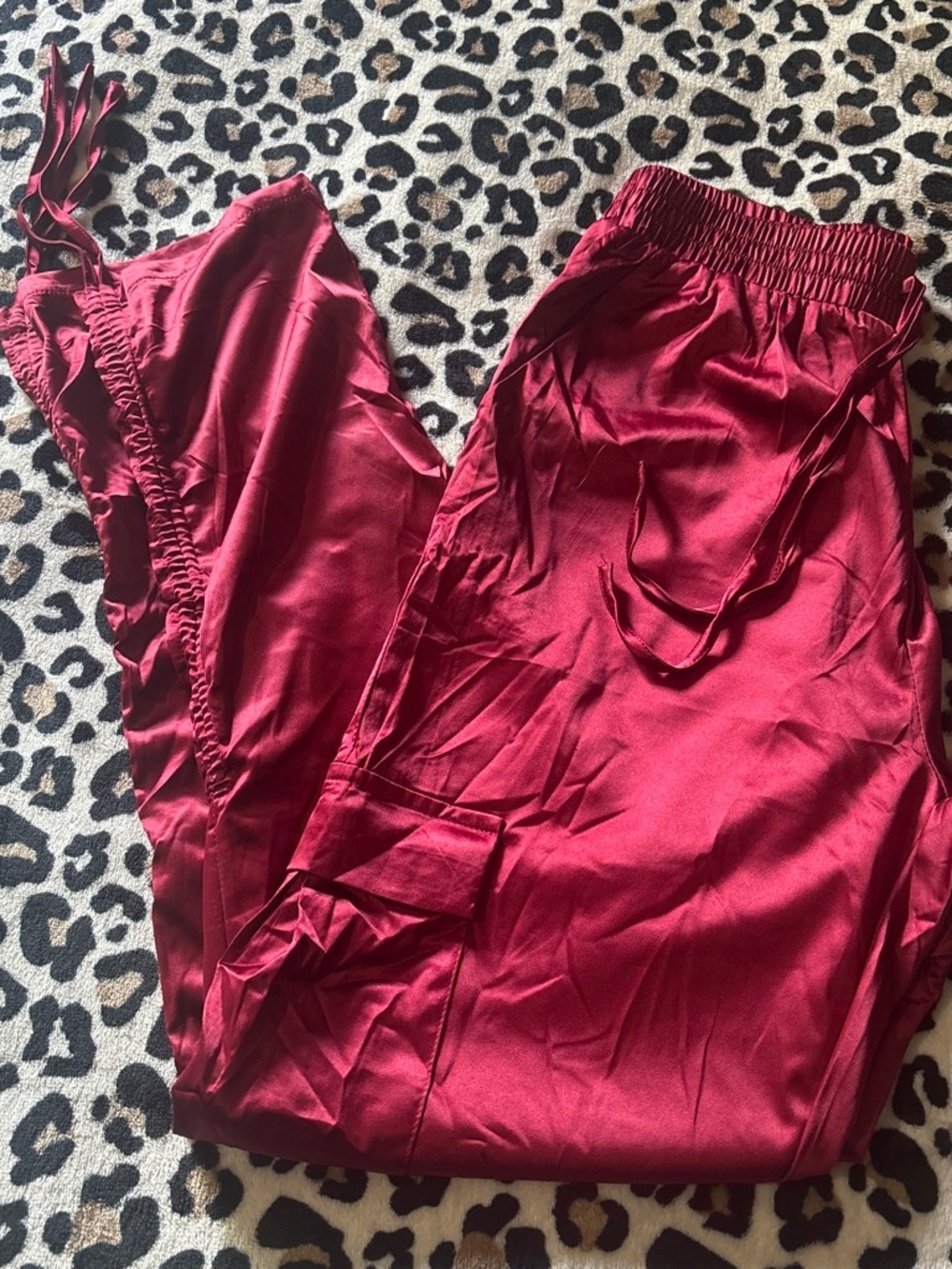 NEW MAROON SATIN CARGO PANTS